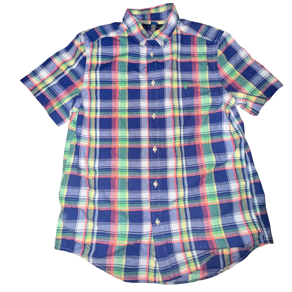Ralph Lauren Plaid Shirt XL Blue Multi Short Sleeve Preppy‎ Madras Button Up